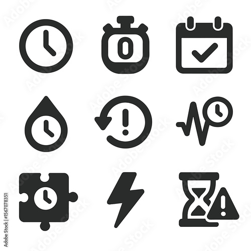 Time-Based Icons Grid. Solid, filled icon set of time-based events: ticking clock, countdown timer, calendar page, scheduled drop,