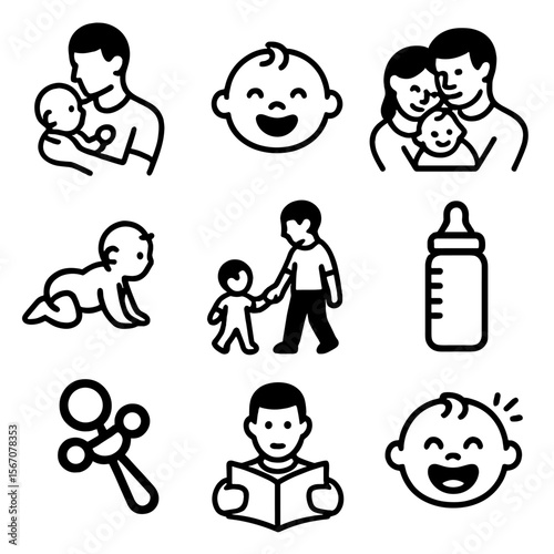 Father-Baby Icon Set. Solid, filled icon set of family moments with father and baby: father holding baby, baby smiling, family hug