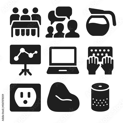 Coworking Coffee Icons. Solid, filled icons set of coworking space coffee moments: shared table, group chat,