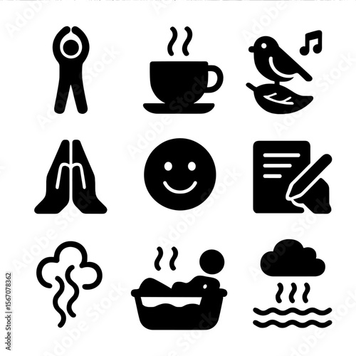 Stress Relief Icons. Solid, filled icons set of stress relief rituals: stretch icon, tea cup, nature sound,