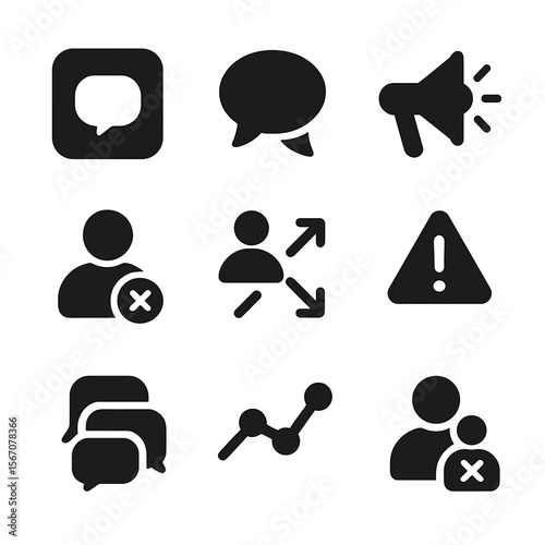 Disinformation Channels Icons. Solid, filled icon set of disinformation spread channels: social media app, group chat bubble,