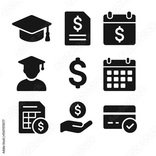 Student Loan Icons. Solid, filled icons set of managing student loans and repayments: graduation cap, loan