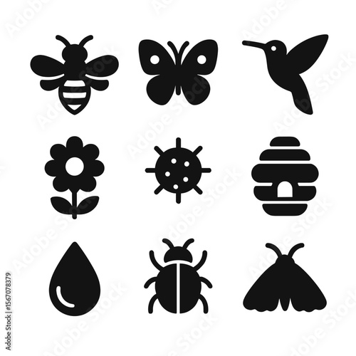 Ecosystem Pollinators Icons. Solid, filled icon set of pollinators in ecosystems: bee, butterfly, hummingbird, flower bloom,