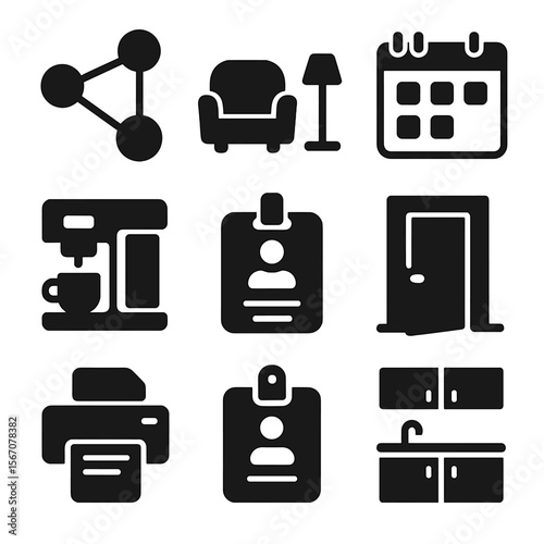 Coworking Space Icons. Solid, filled icons set of coworking community features: networking icon, lounge area,