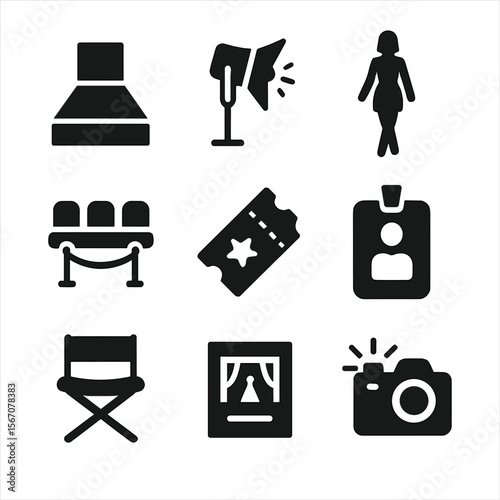 Fashion Show Icons. Solid, filled icon set of fashion show elements: runway, spotlight, model walking, camera flash, front row