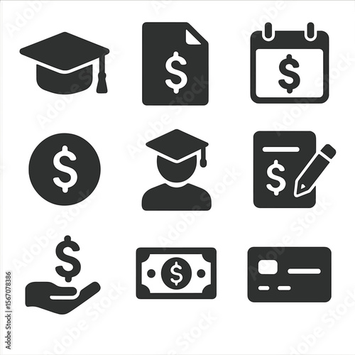 Student Loan Icons. Solid, filled icons set of managing student loans and repayments: graduation cap, loan