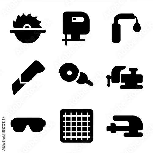 Tool and Countdown Icons. Solid, filled icon set of workshop cutting tools: circular saw, jigsaw, cutting torch, blade tool, angle