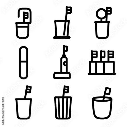 Toothbrush Holder Icons. Solid, filled icon set of toothbrush holder designs: wall-mounted holder, countertop stand, suction cup