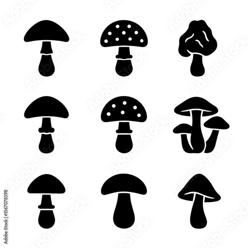 Toxic Mushroom Icons. Solid, filled icon set of toxic mushrooms to avoid: death cap, fly agaric, false morel, destroying angel,