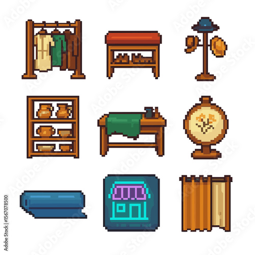 Pixel Art Boutiques. Pixel art icon set of indie boutiques and ateliers: handmade clothing rack, custom shoe bench, artisan hat
