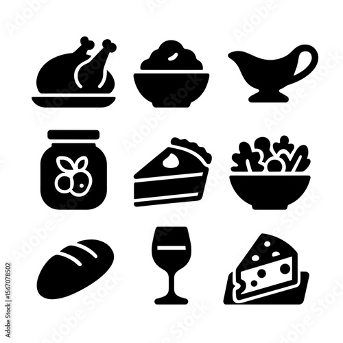 Traditional Meal Icons. Solid, filled icon set of traditional meals: roast chicken, mashed potatoes, gravy boat, cranberry sauce,