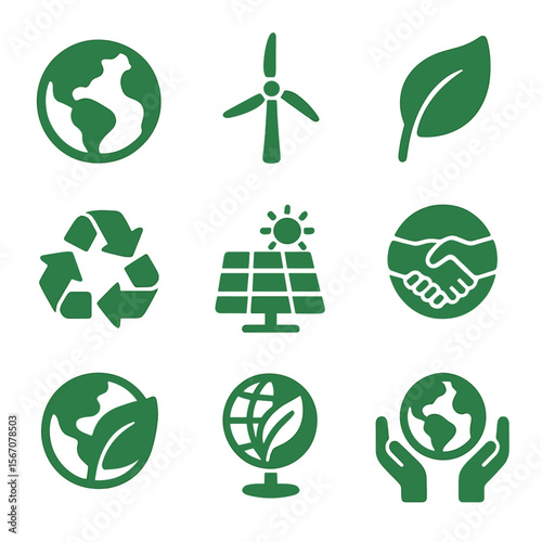 Sustainability Icons Grid. Solid, filled icons set of climate and sustainability cooperation: green Earth,