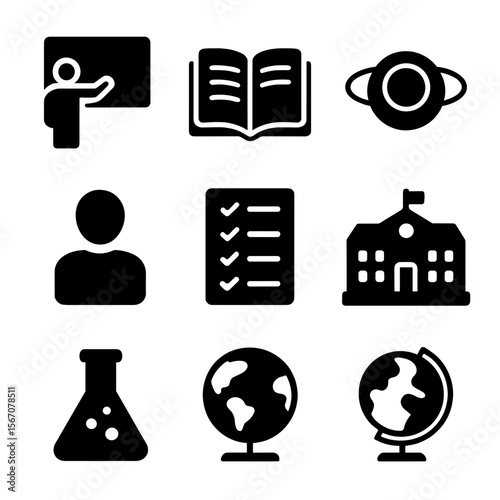 Educational Icon Set. Solid, filled icon set of educational moon-tide concepts: teacher board, book, tide diagram, lunar model,