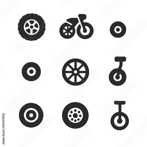 Transport Wheels Icons. Solid, filled icon set of transportation wheels: car tire, motorcycle wheel, skateboard wheel, rollerblade