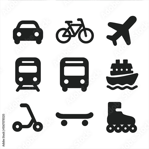 Transportation Icons Grid. Solid, filled icon set of transportation movement: car, bicycle, airplane, train, bus, ship, scooter,