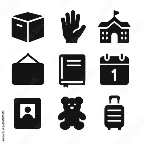 Transitional Support Icons. Solid, filled icon set of transitional support for children: moving box, goodbye wave, new school,