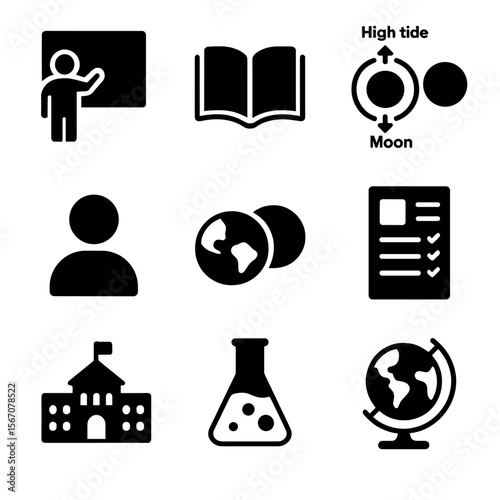 Educational Icon Set. Solid, filled icon set of educational moon-tide concepts: teacher board, book, tide diagram, lunar model,