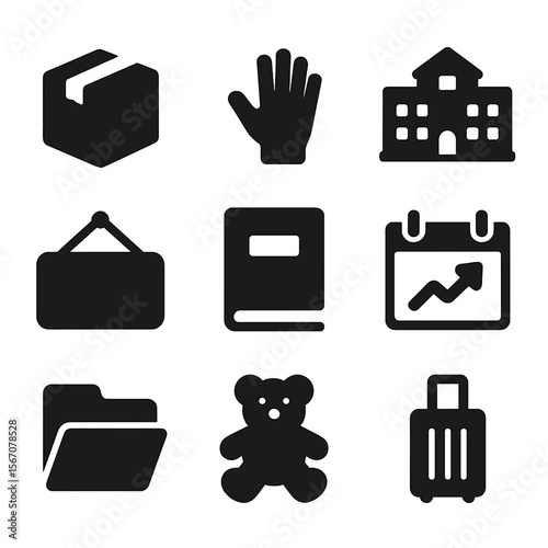 Transitional Support Icons. Solid, filled icon set of transitional support for children: moving box, goodbye wave, new school,