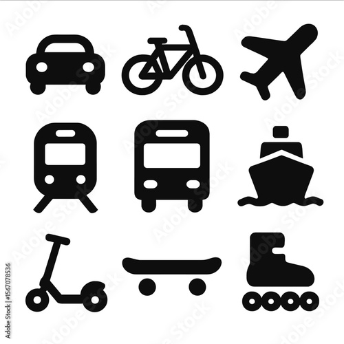 Transportation Icons Grid. Solid, filled icon set of transportation movement: car, bicycle, airplane, train, bus, ship, scooter,