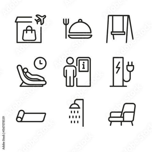 Airport Amenities Icons. Outline icon set of airport amenities during delay: duty-free shop, restaurant tray, kids play area,