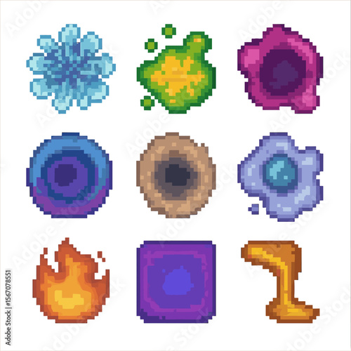Pixel Art Chemical Icons. Pixel art icon set of experimental spills: solubility bloom, chemical reaction blob, pigment bleed,