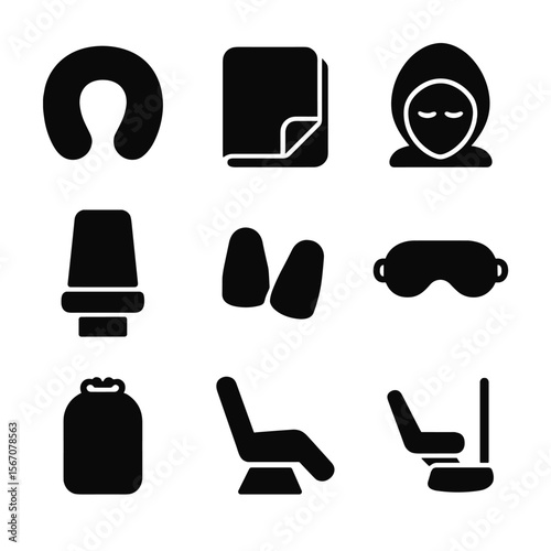 Travel Comfort Icons. Solid, filled icon set of travel nap accessories: neck pillow, travel blanket, sleep hood, airplane seat,