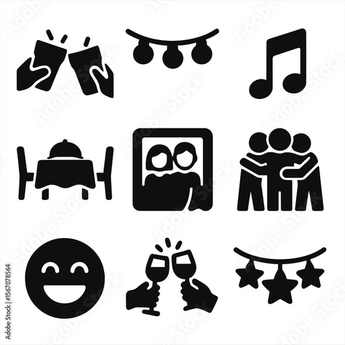 Festive Gathering Icons. Solid, filled icon set of festive gatherings with friends: clinking cups, party lights, music note,