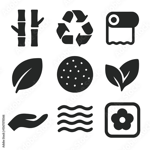 Sustainable Icon Grid. Solid, filled icons set of sustainable and mindful materials: bamboo texture, recycled