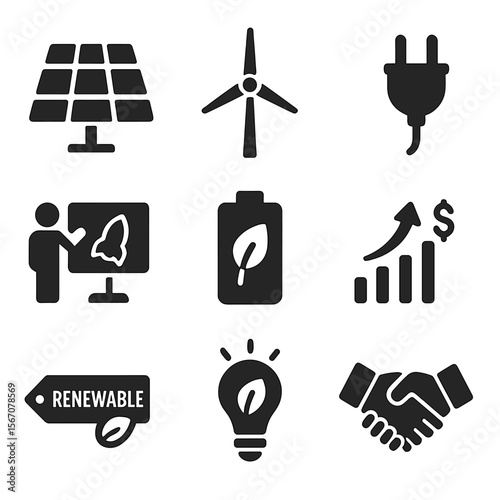 Sustainable Energy Icons. Solid, filled icons set of sustainable energy startups: solar panel, wind turbine,
