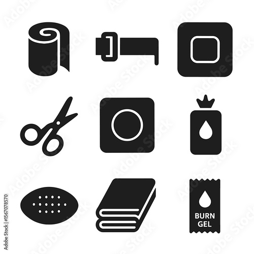 Trauma Supplies Icons. Solid, filled icon set of trauma supplies used in field triage: bandage roll, tourniquet, wound dressing,