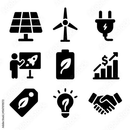 Sustainable Energy Icons. Solid, filled icons set of sustainable energy startups: solar panel, wind turbine,