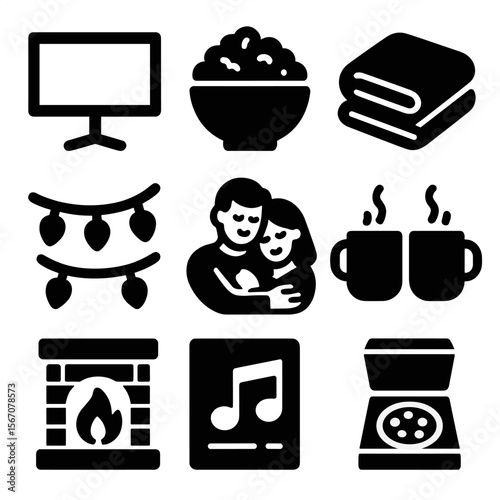Cozy Date Night Icons. Solid, filled icons set of cozy home date night: movie screen, popcorn bowl, warm