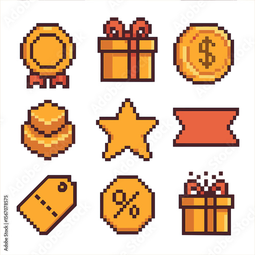 Pixel Art Incentives. Pixel art icon set of savings incentives: bonus badge, referral gift box, cashback coin, tiered badge,