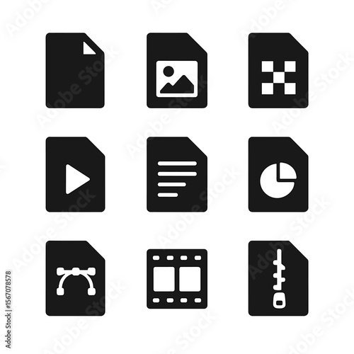 File Format Icons. Solid, filled icon set of portfolio file formats: PDF, JPEG, PNG, MP4, DOCX, PPT, SVG, GIF, ZIP. Line icons in