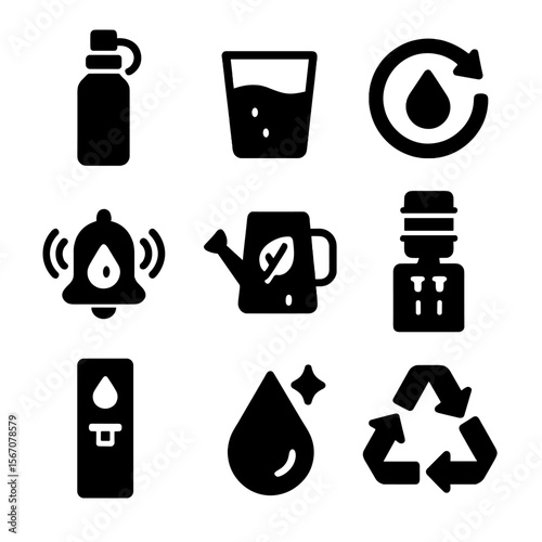 Sustainable Hydration Icons. Solid, filled icons set of sustainable hydration habits: water bottle, water