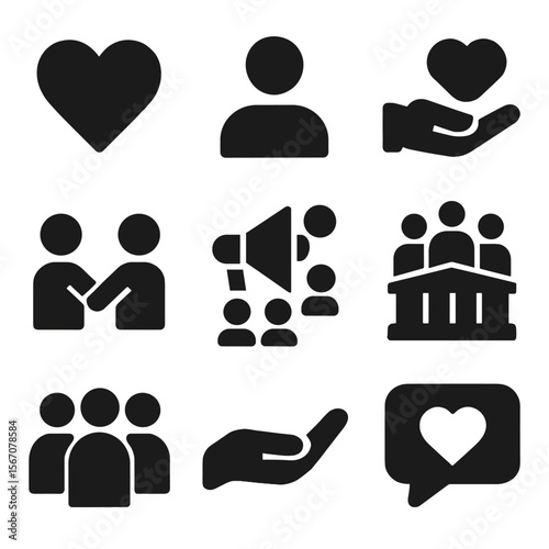 Support Network Icons. Solid, filled icons set of supportive networks and allies: heart icon, friend icon,