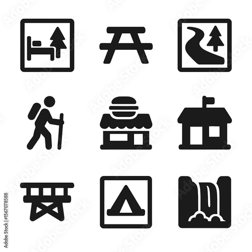 Travel Icons Grid. Solid, filled icon set of stops and detours: rest stop icon, picnic table, scenic route sign, hiking trail