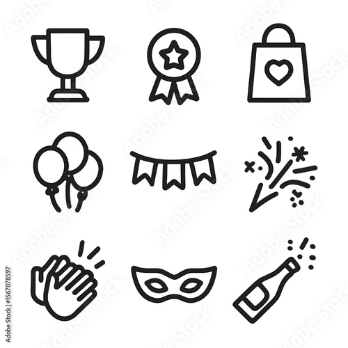 Festive Icon Set. Solid, filled icon set of festive recognition: trophy cup, star ribbon, gift bag, balloon bunch, celebration