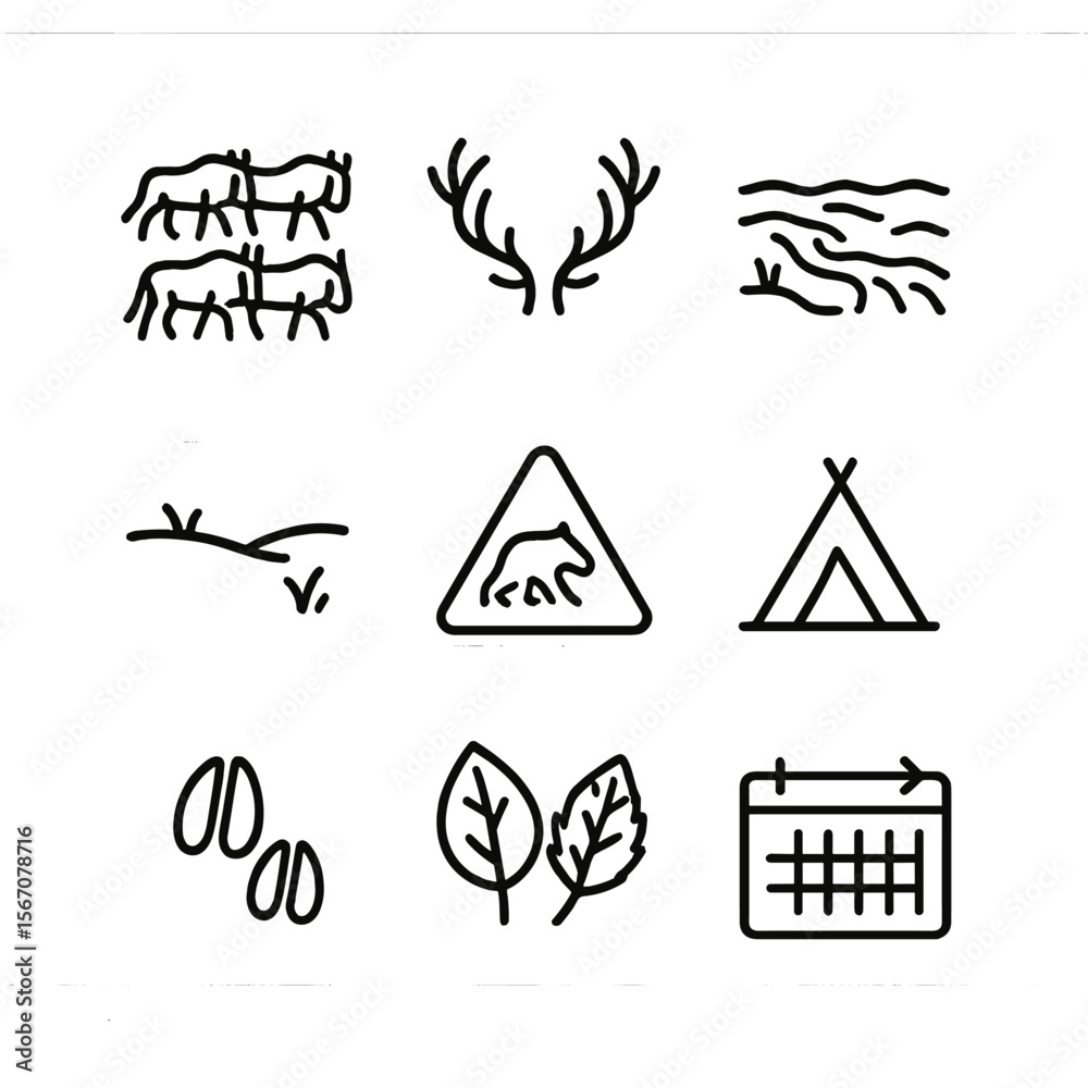 Fototapeta premium Animal Migration Icons. Outline icon set of terrestrial animal seasonal movement: wildebeest herd, caribou antler silhouette,