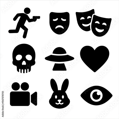 Film Genre Icons. Solid, filled icon set of film genres and themes: action, drama, comedy, horror, sci-fi, romance, documentary,