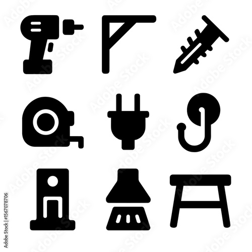 DIY Tools Icons. Solid, filled icon set of DIY and home repair drills: cordless drill, shelf bracket, drywall anchor, measuring