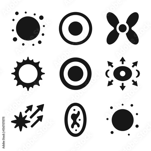 Planetary Nebula Icons. Solid, Filled icon set of planetary nebula appearance: ejected envelope, ionization front, central white