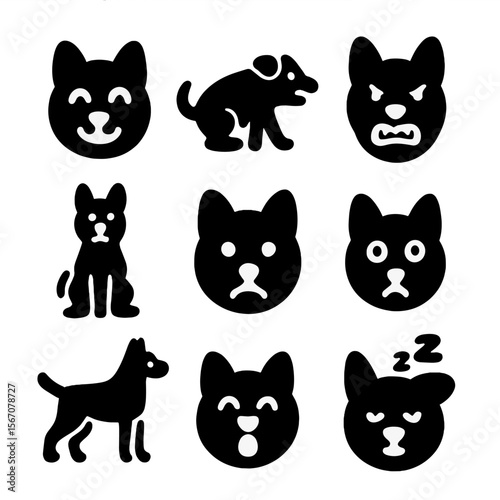 Dog Emotions Icons. Solid, filled icon set of dog emotions and behavior: happy face, scared dog, growling, relaxed posture, sad