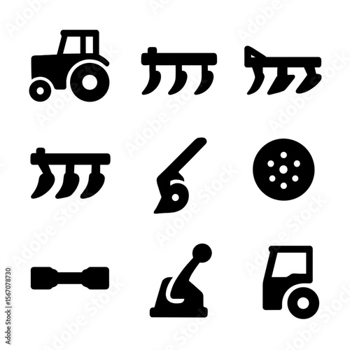 Plowing Equipment Icons. Solid, Filled icon set of mechanized furrow plowing: tractor with plow, chisel plow, disc plow, subsoiler