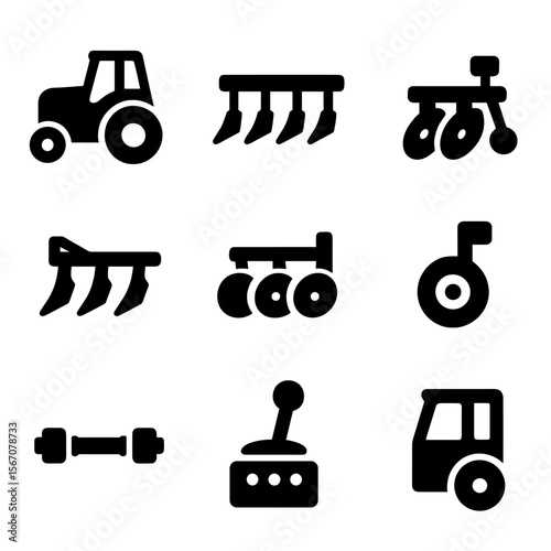 Plowing Equipment Icons. Solid, Filled icon set of mechanized furrow plowing: tractor with plow, chisel plow, disc plow, subsoiler