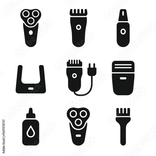 Electric Grooming Tools Icons. Solid, filled icon set of electric grooming tools: electric razor, beard trimmer, nose hair trimmer