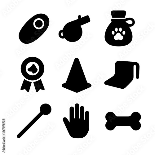 Dog Training Tools Icons. Solid, filled icon set of dog training tools: clicker, whistle, treat pouch, obedience badge, agility