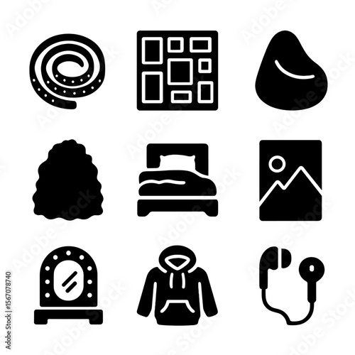 Teen Bedroom Icons. Solid, filled icons set of teen cozy bedroom décor: LED strip lights, wall collage, bean