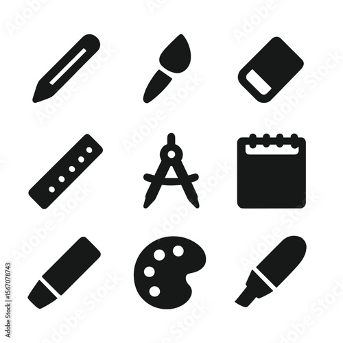 Drawing Tools Icons. Solid, filled icon set of drawing tools: pencil, paintbrush, eraser, ruler, compass, sketchpad, charcoal