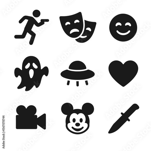 Film Genre Icons. Solid, filled icon set of film genres and themes: action, drama, comedy, horror, sci-fi, romance, documentary,